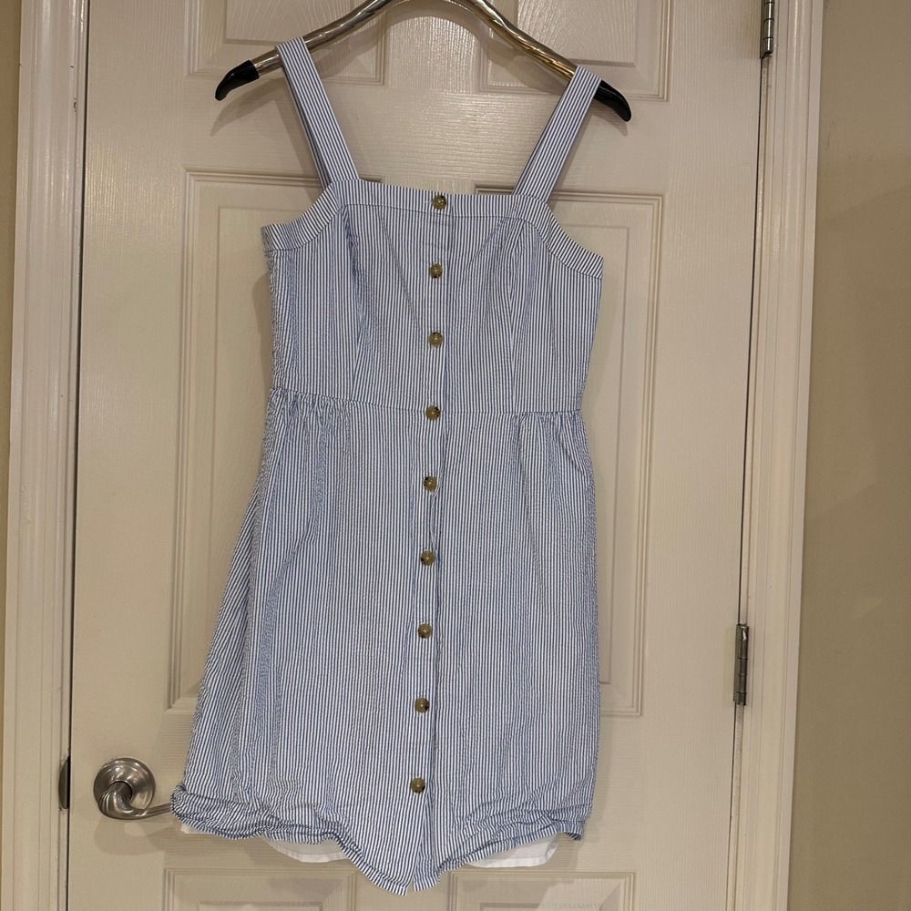 J.Crew Blue White Seersucker Striped Button Front Mini Dress Size 4 Bubble Hem